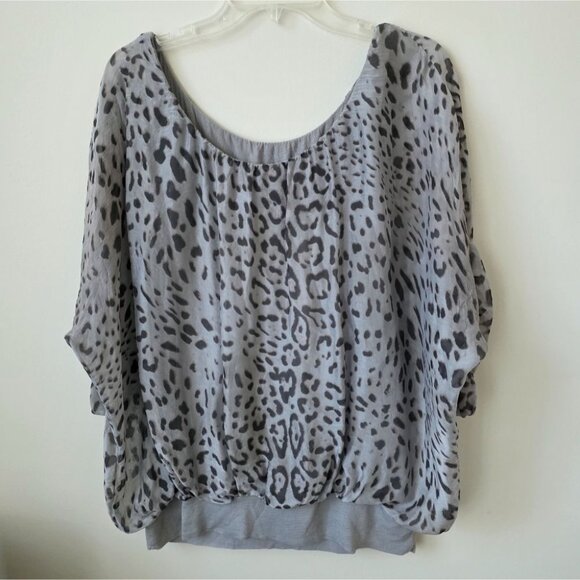 ISILK | 100% silk Blouse Sheer Domain Sleeves Leopard Print Gray Sz L - Picture 1 of 6